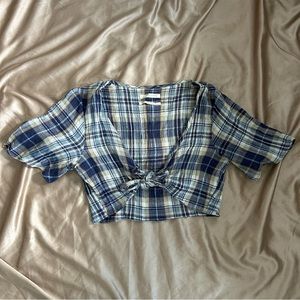 Blue Plaid Front Tie Cropped Blouse